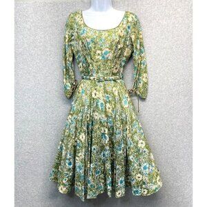 Dance Time by Phyllis Vintage Dress‎ Womens XS/S Green Floral 1950's Full Sweep